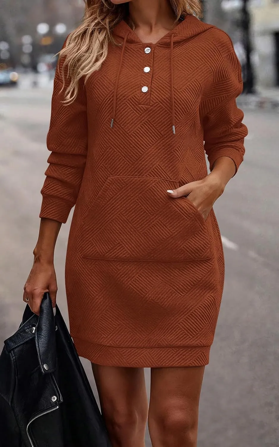 PRETTYGARDEN Womens Long Sleeve Hoodies Dress 2025 Fall Trendy Texture Sweatshirts Button Hooded Winter Dresses with Pockets