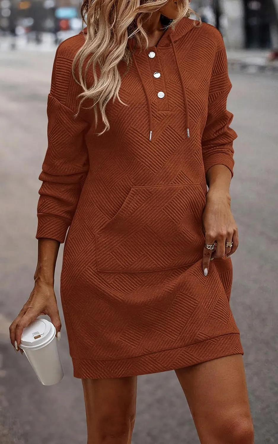PRETTYGARDEN Womens Long Sleeve Hoodies Dress 2025 Fall Trendy Texture Sweatshirts Button Hooded Winter Dresses with Pockets