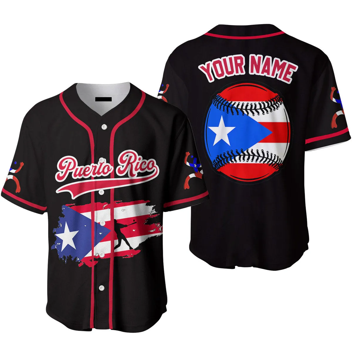 Puerto Rico Baseball Black Red White, Custom Name Baseball Jerseys For Men