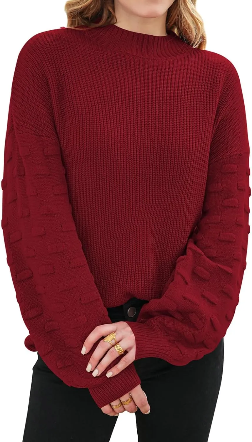 Sovoyontee Women's 2024 Fall Oversized Crewneck Long Puff Sleeve Chunky Knit Pullover Sweater Tops