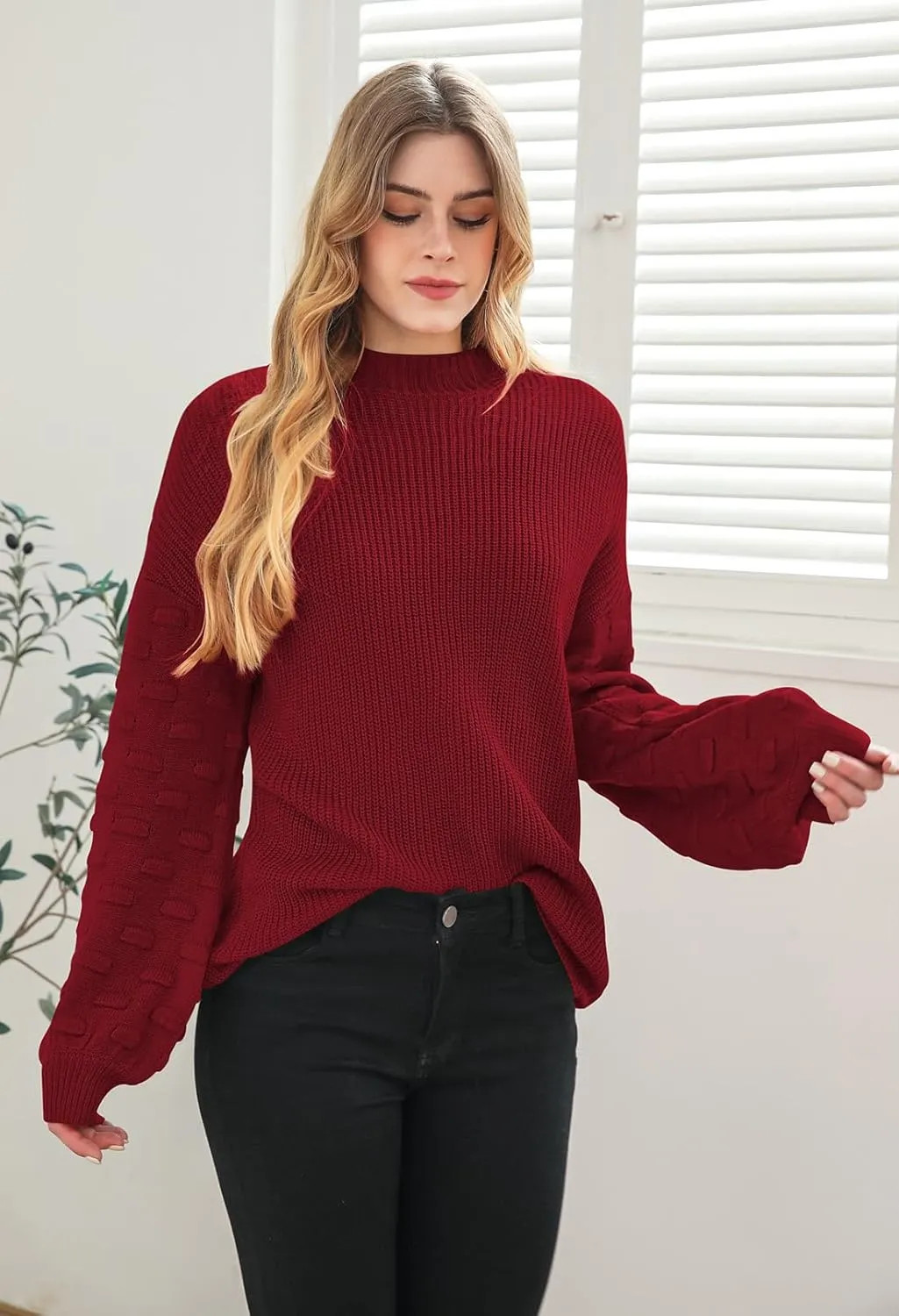 Sovoyontee Women's 2024 Fall Oversized Crewneck Long Puff Sleeve Chunky Knit Pullover Sweater Tops