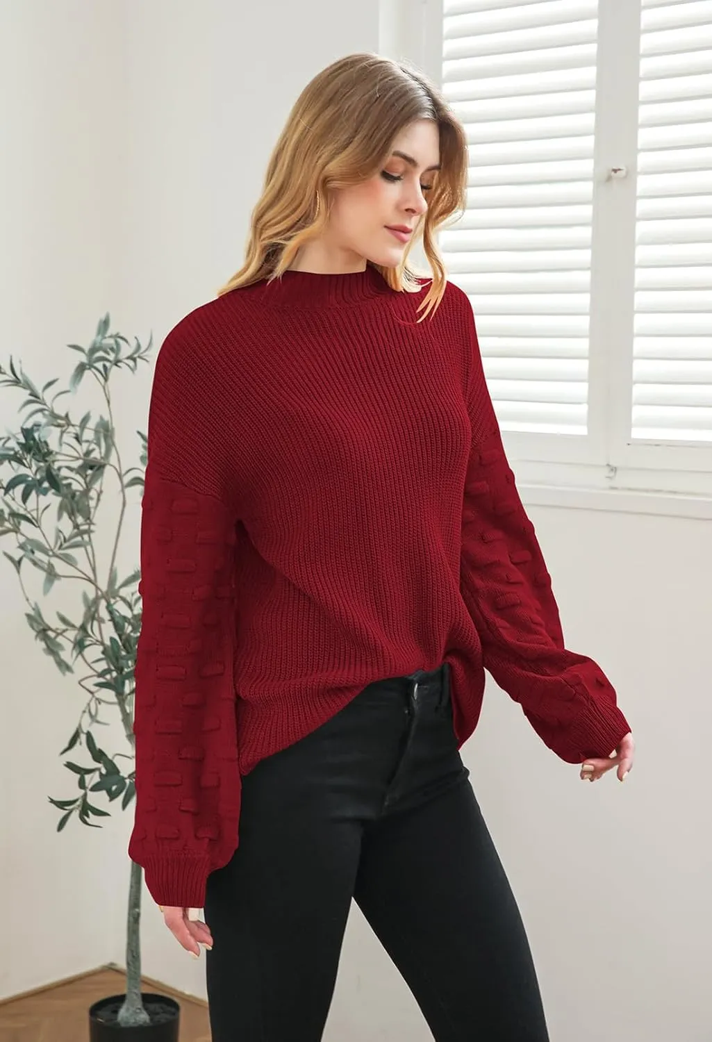 Sovoyontee Women's 2024 Fall Oversized Crewneck Long Puff Sleeve Chunky Knit Pullover Sweater Tops