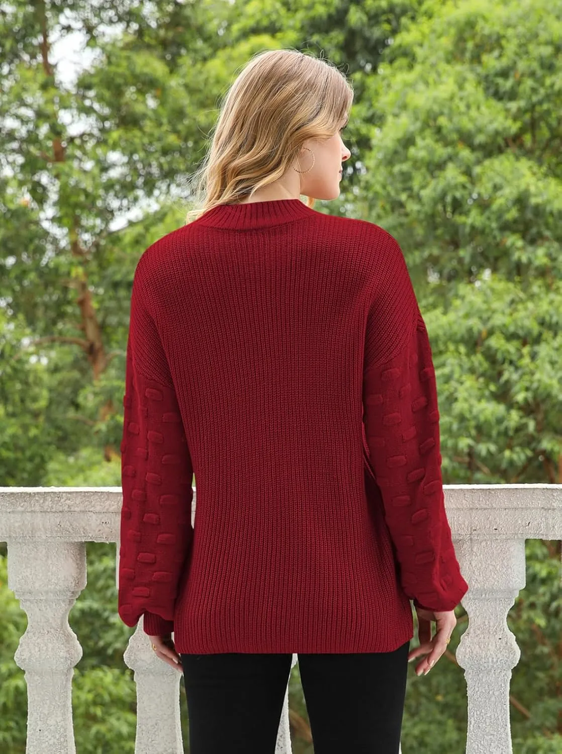 Sovoyontee Women's 2024 Fall Oversized Crewneck Long Puff Sleeve Chunky Knit Pullover Sweater Tops