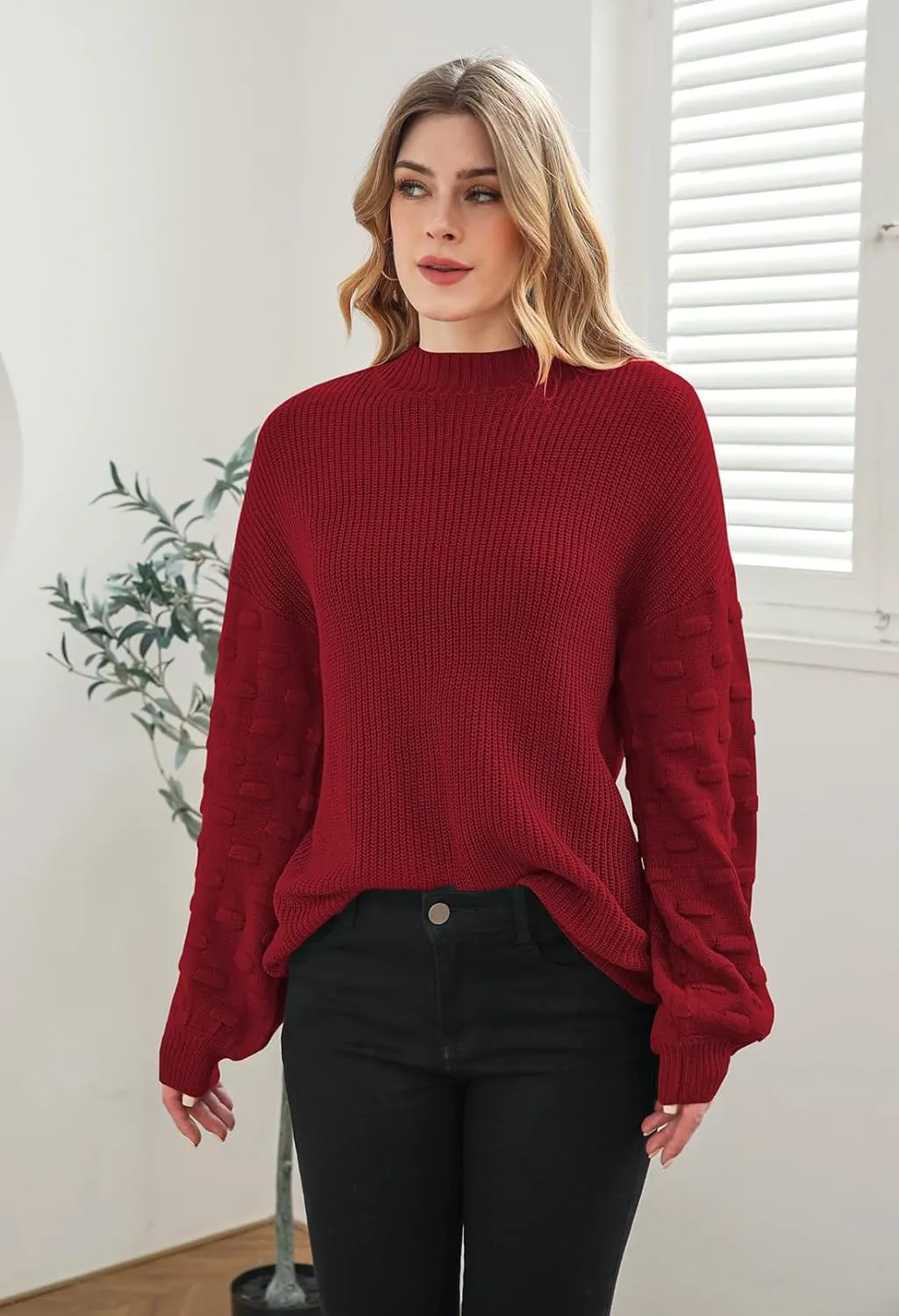 Sovoyontee Women's 2024 Fall Oversized Crewneck Long Puff Sleeve Chunky Knit Pullover Sweater Tops