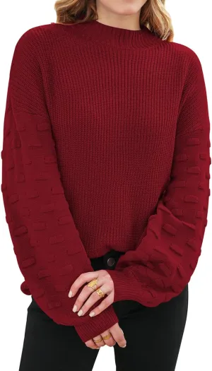 Sovoyontee Women's 2024 Fall Oversized Crewneck Long Puff Sleeve Chunky Knit Pullover Sweater Tops