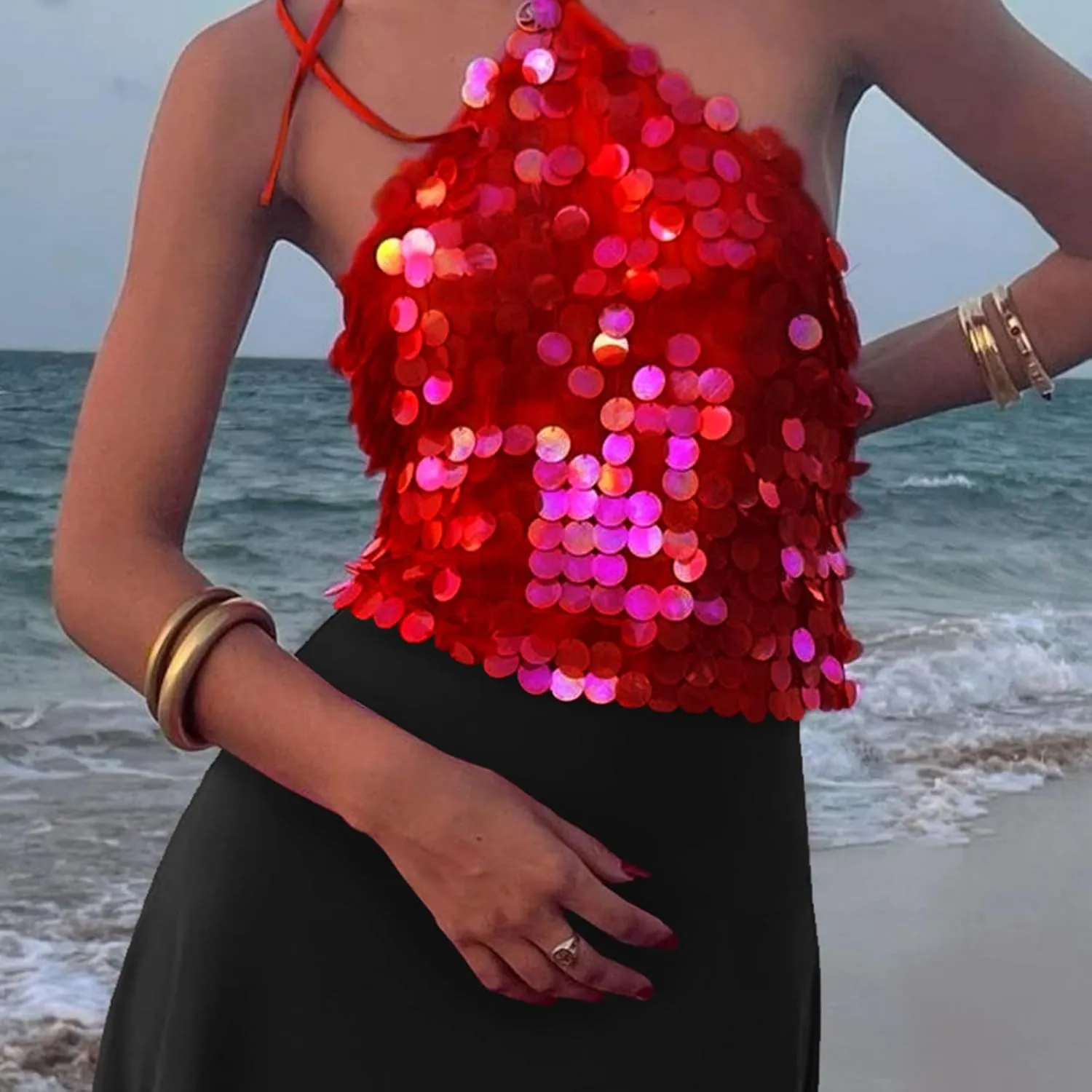 Sparkle Sequin Halter Crop Top for Women Y2K Coquette Glitter Backless Tie Up Cami Tank Top Rave Party Clubwear