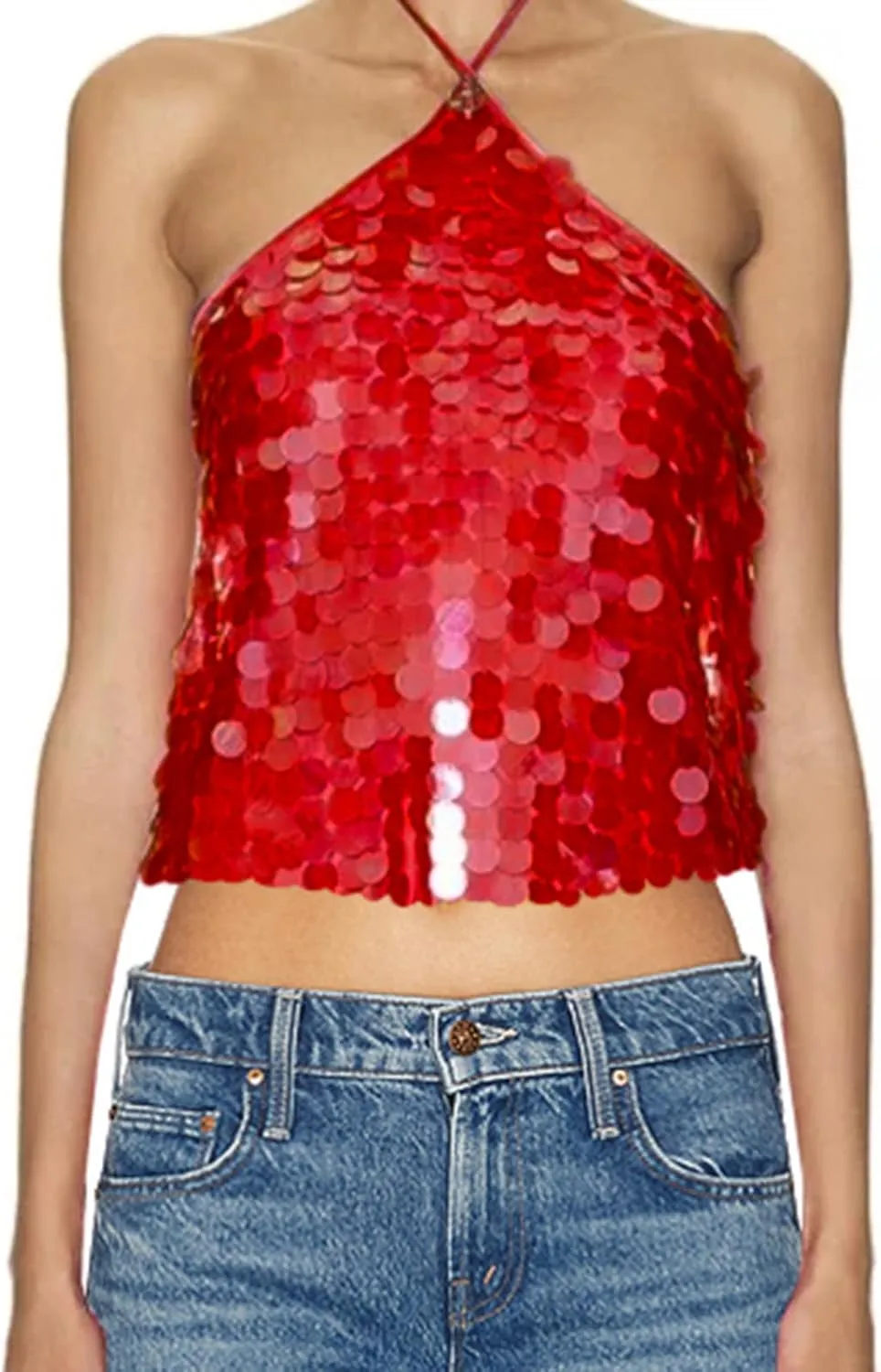 Sparkle Sequin Halter Crop Top for Women Y2K Coquette Glitter Backless Tie Up Cami Tank Top Rave Party Clubwear
