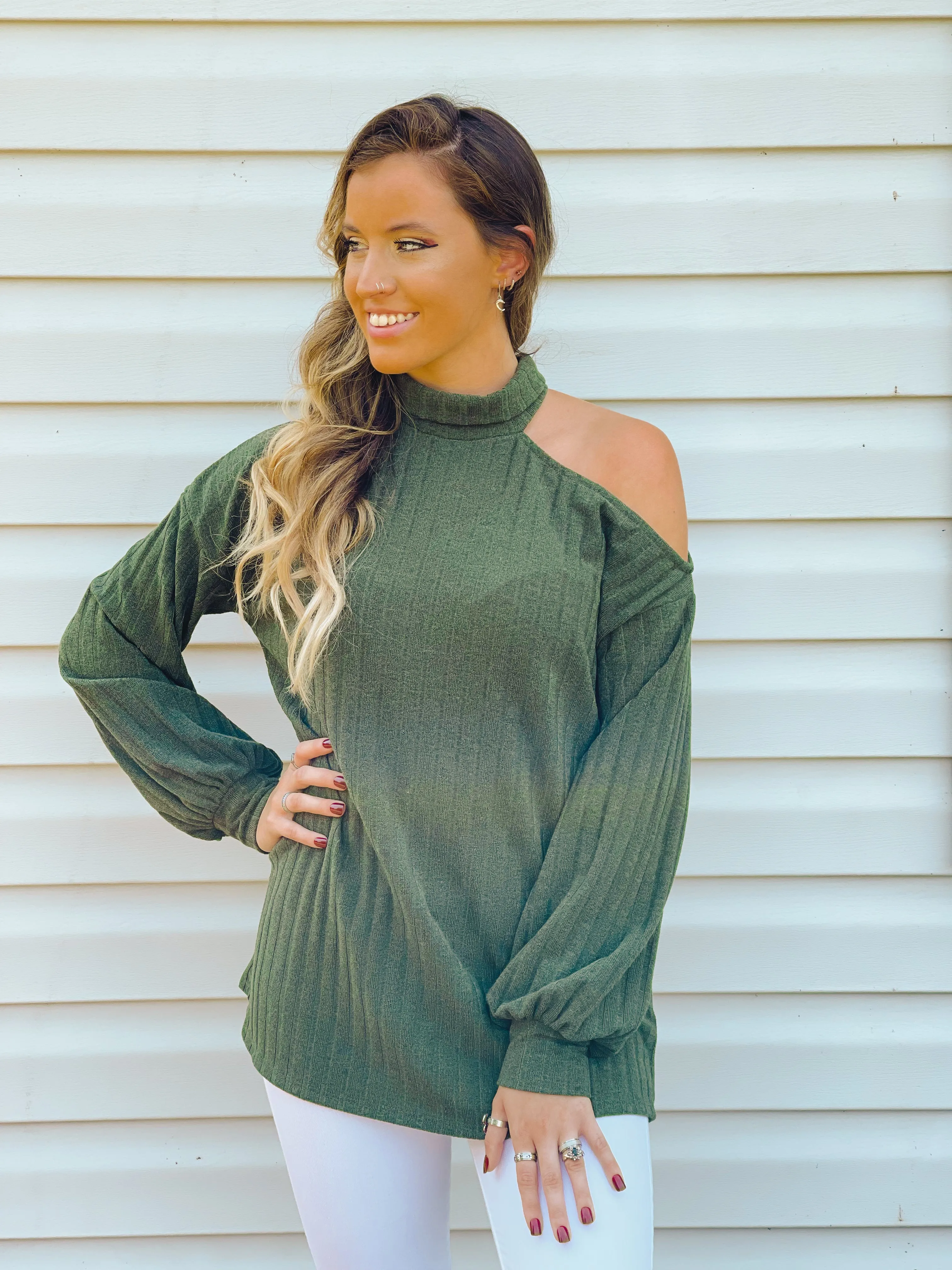 Spiced Apple Open One-Shoulder Turtleneck