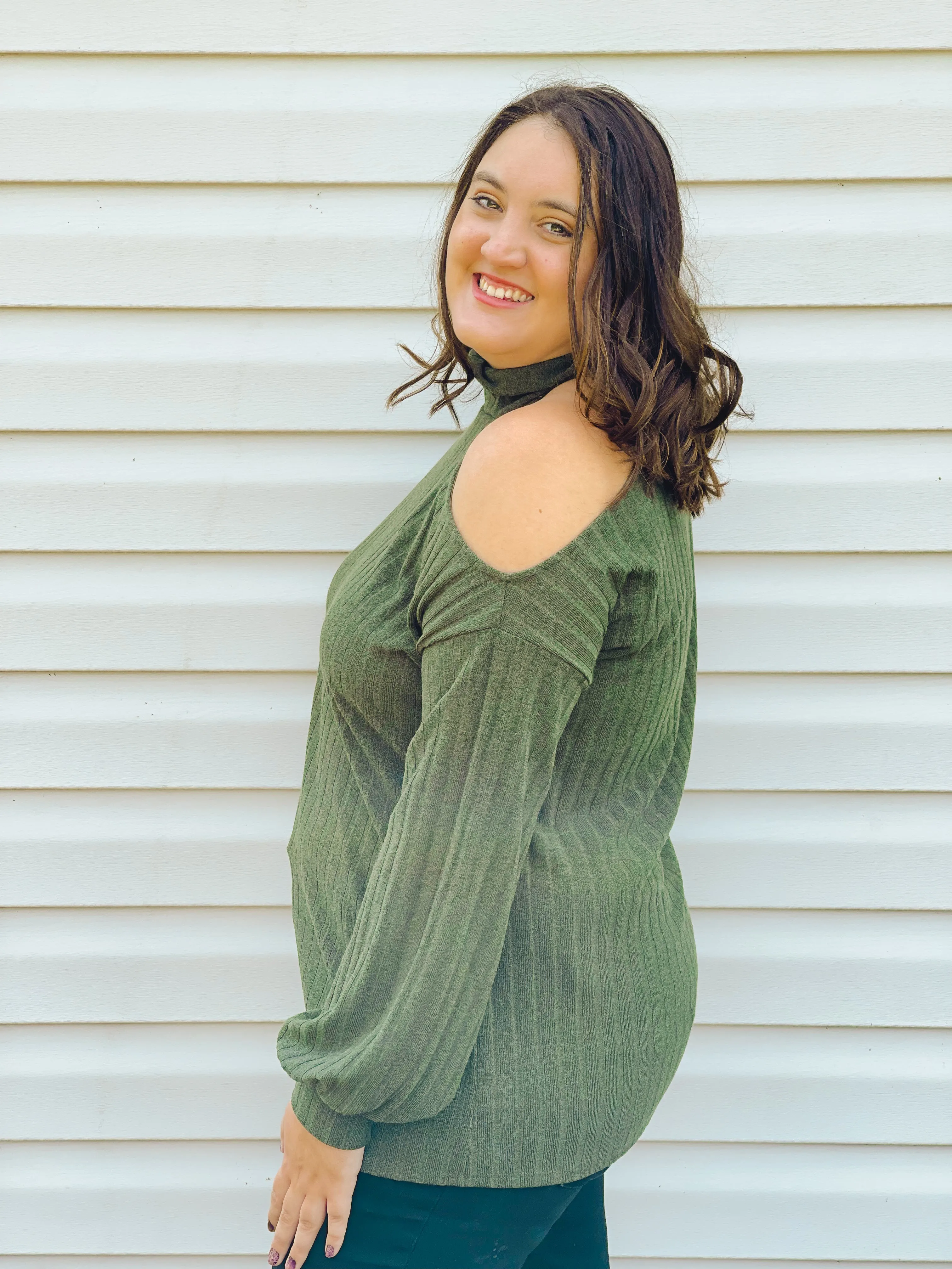 Spiced Apple Open One-Shoulder Turtleneck