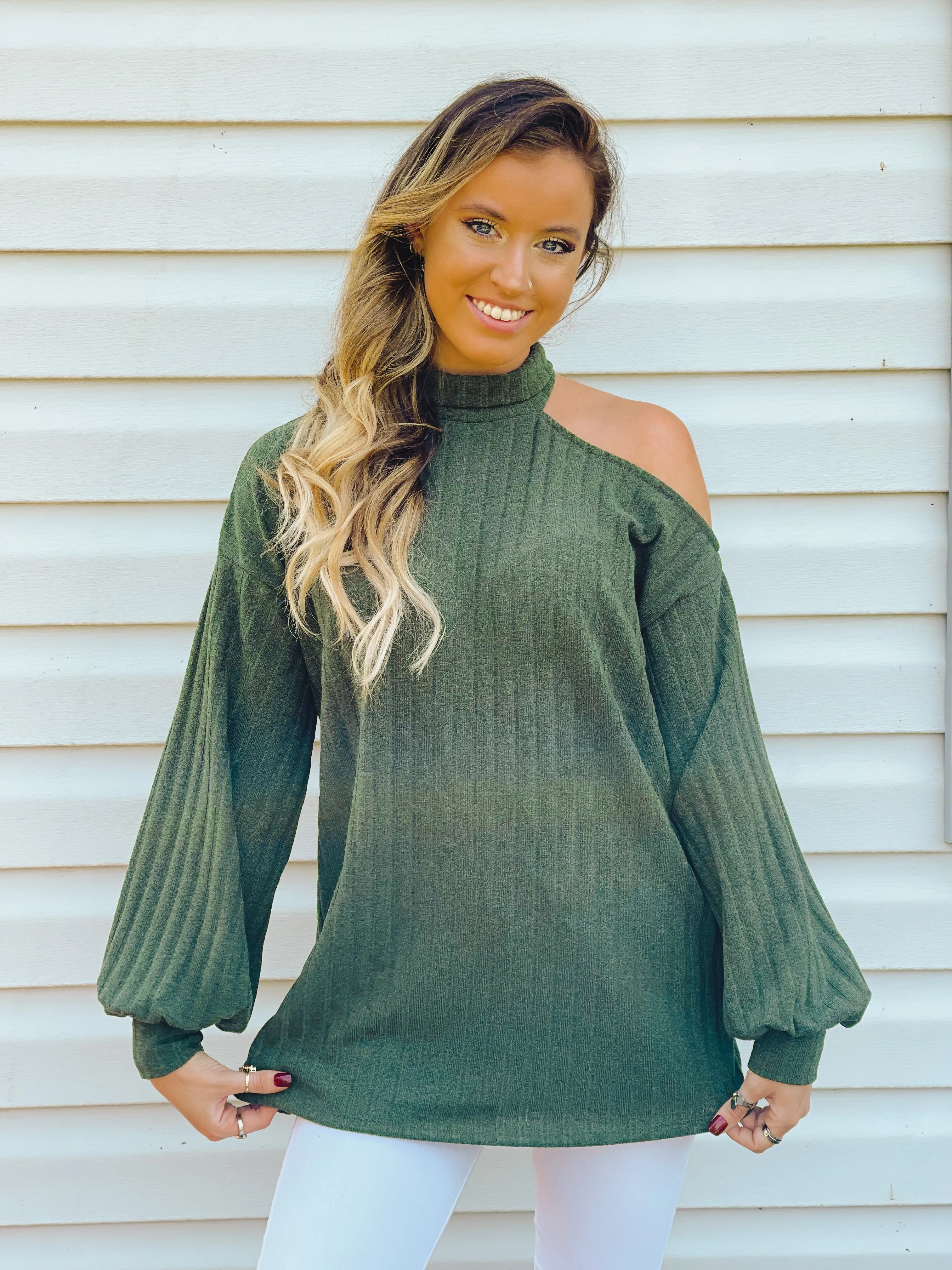 Spiced Apple Open One-Shoulder Turtleneck