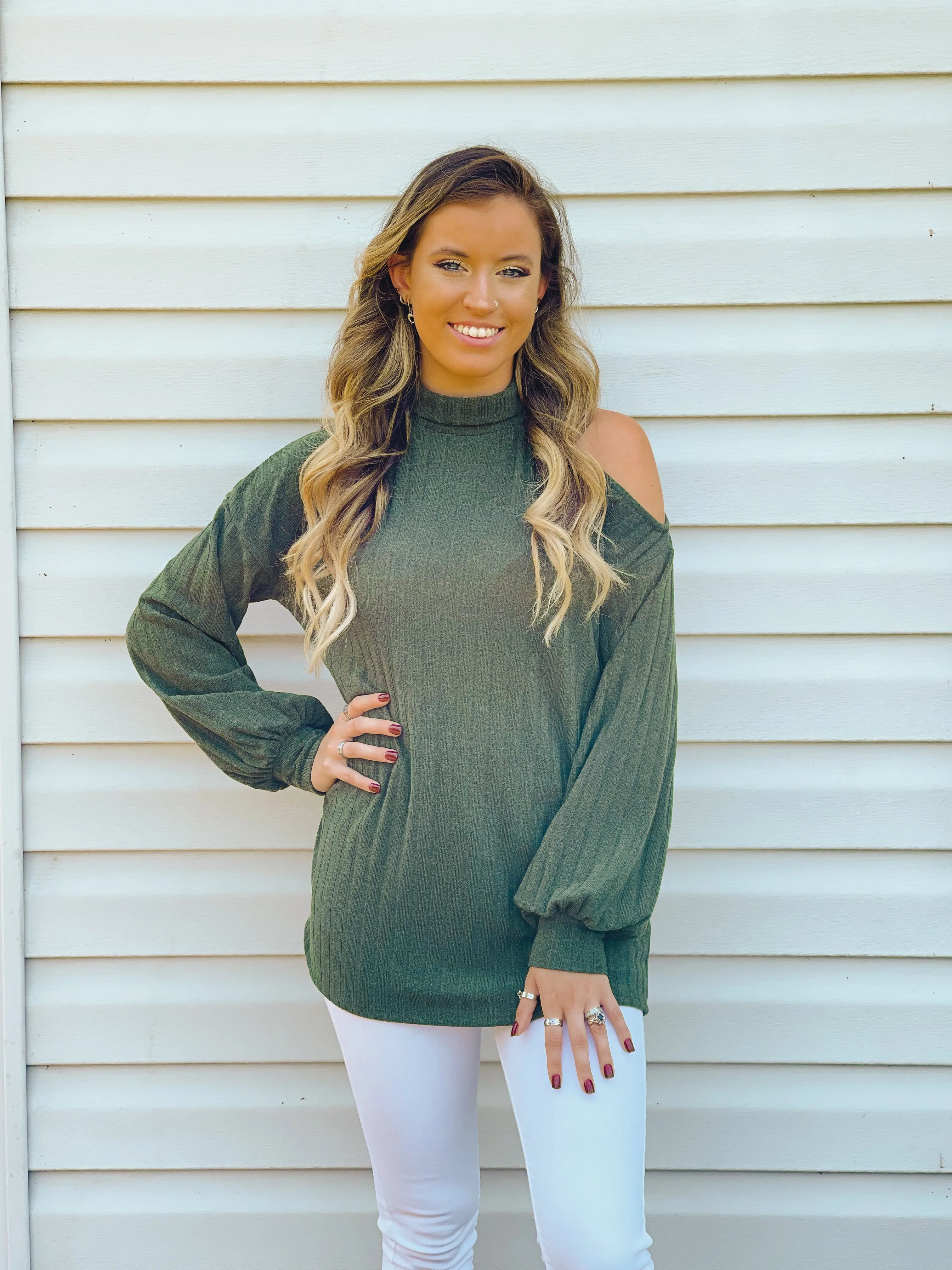 Spiced Apple Open One-Shoulder Turtleneck