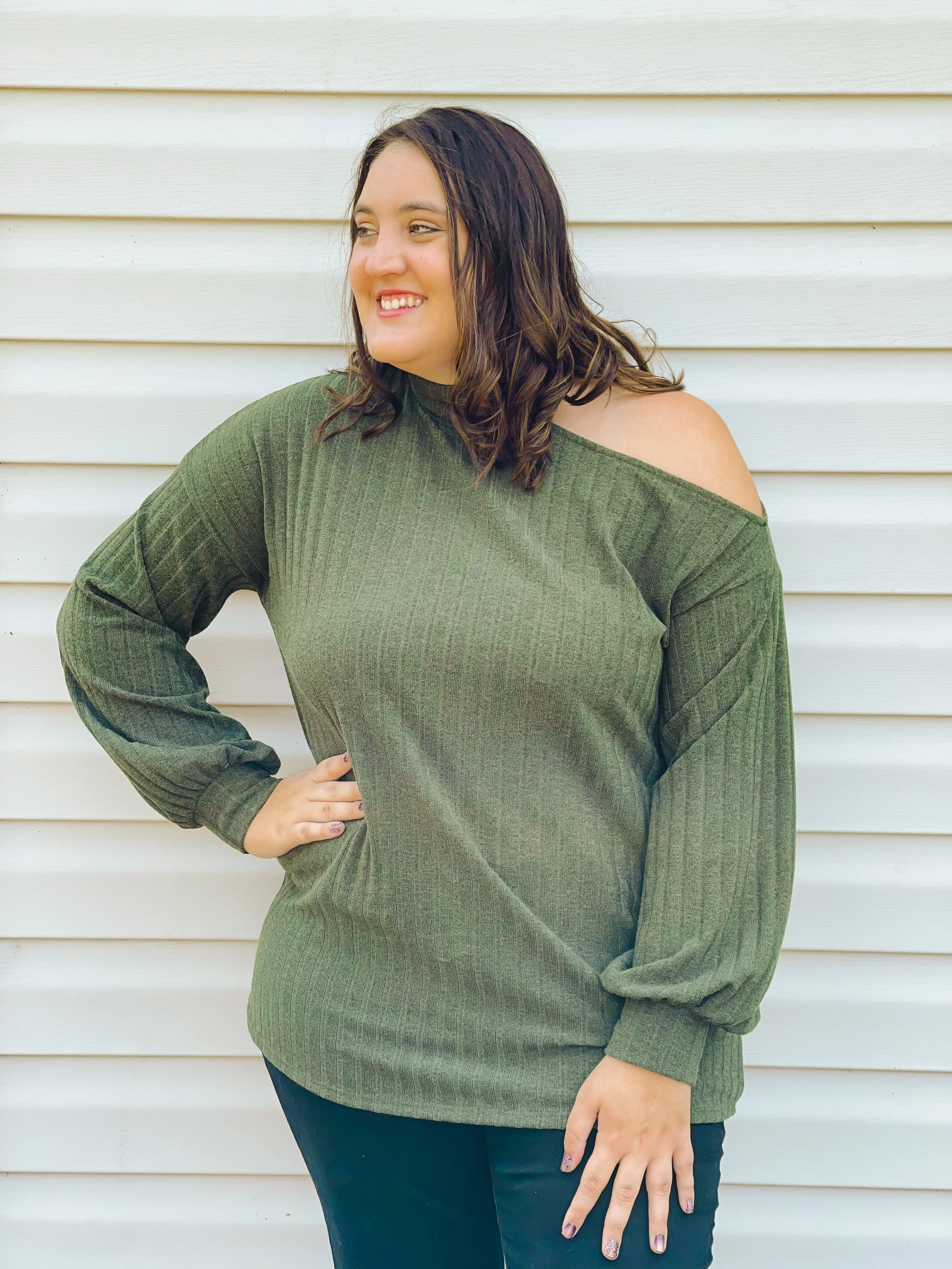 Spiced Apple Open One-Shoulder Turtleneck