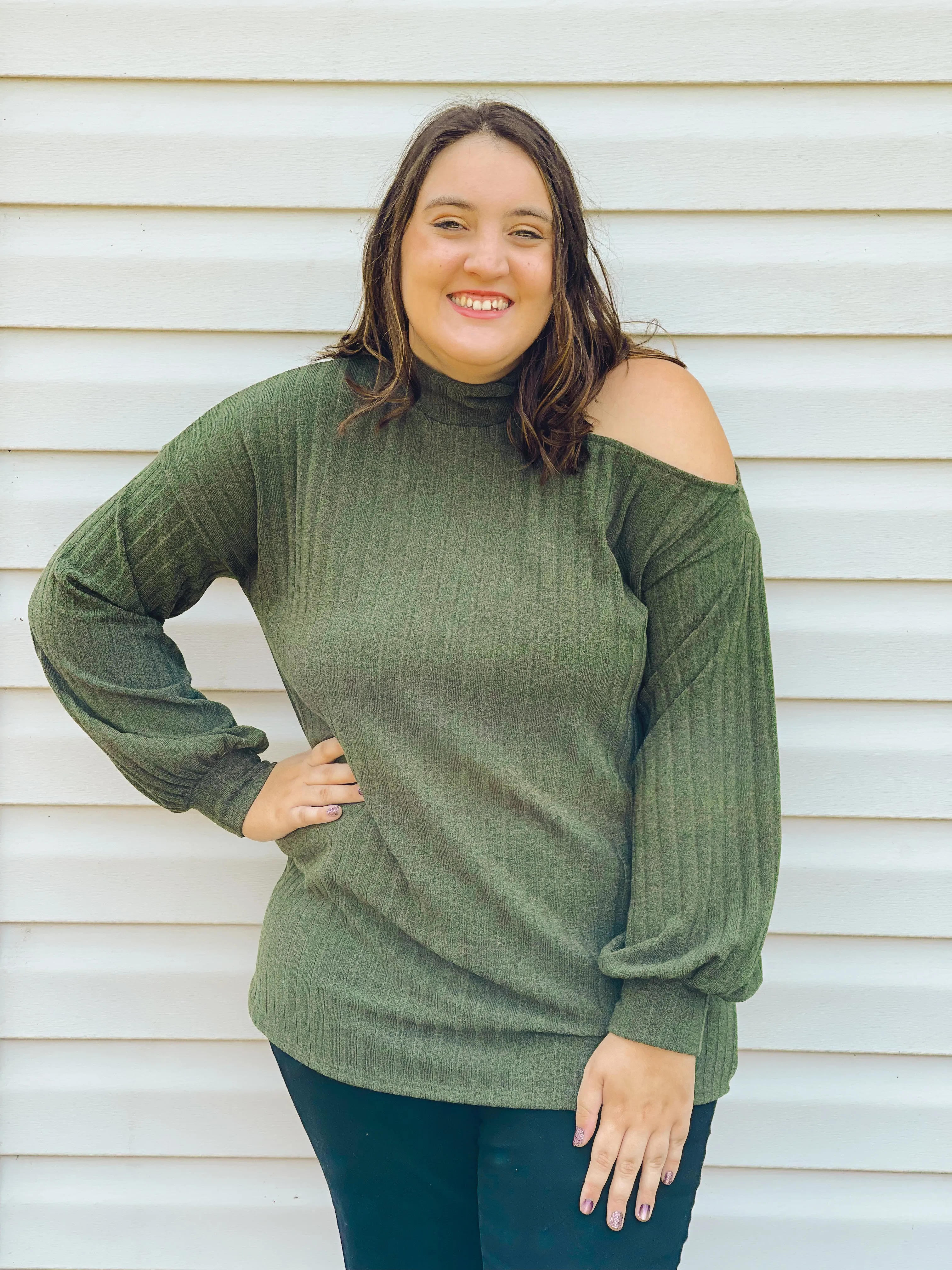 Spiced Apple Open One-Shoulder Turtleneck