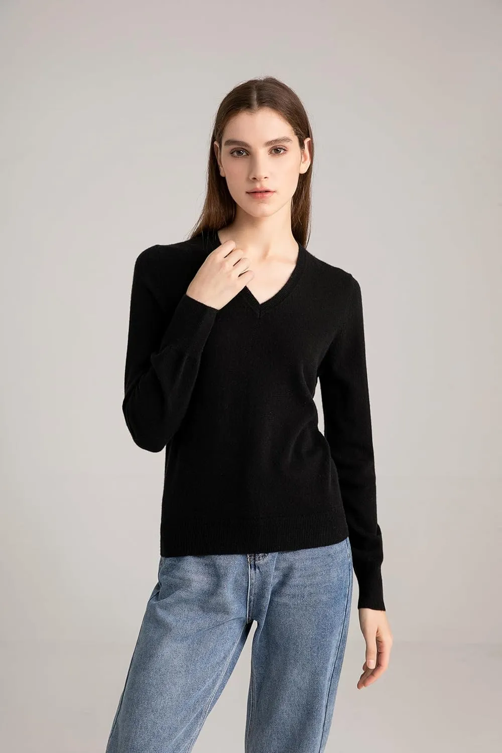 State Cashmere Womens Essential V-Neck Sweater 100% Pure Cashmere Classic Long Sleeve Pullover
