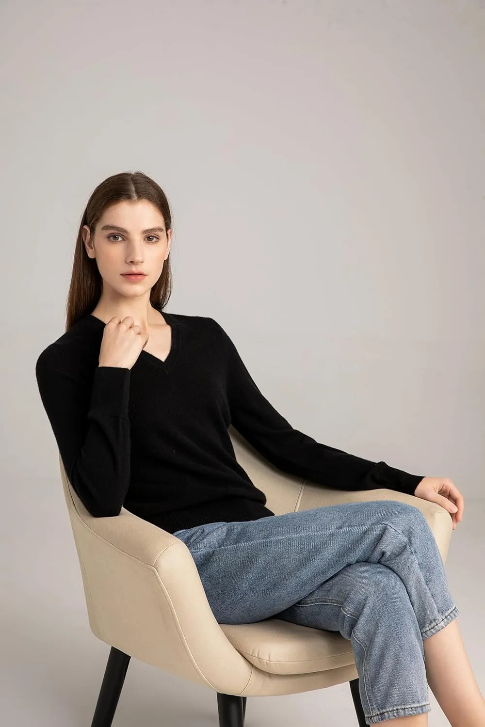 State Cashmere Womens Essential V-Neck Sweater 100% Pure Cashmere Classic Long Sleeve Pullover
