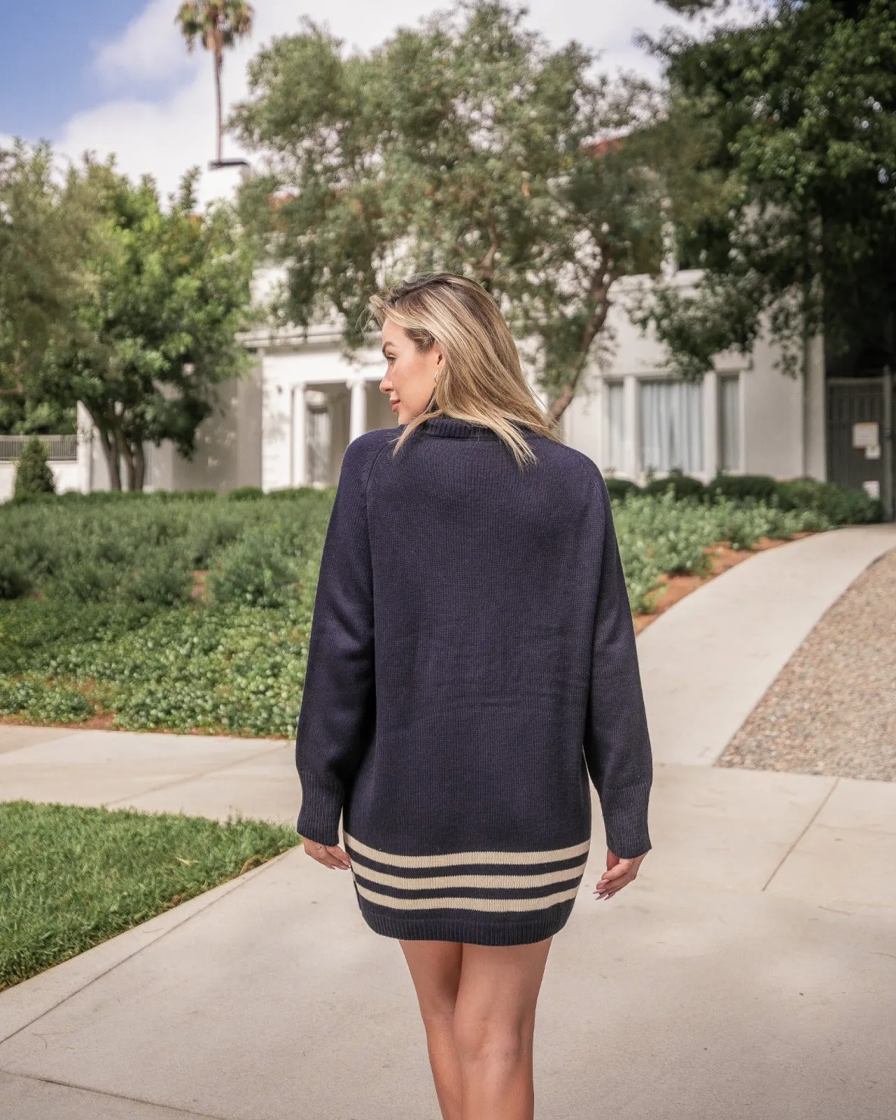 Striped Hem Navy Turtleneck Dress