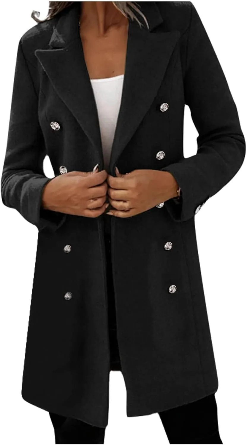 Trench Coat for Women Double Breasted Long Jacket Wool Blend Blazer Oversized Pea Coat Loose Fit Shirts Overcoat
