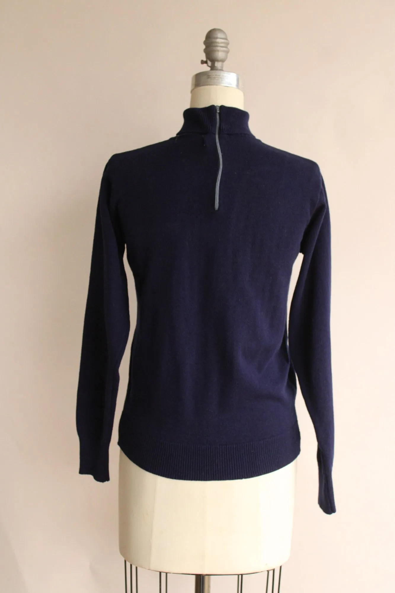 Vintage 1970s 1980s COTC  Navy Blue Turtleneck Sweater with Zip Back