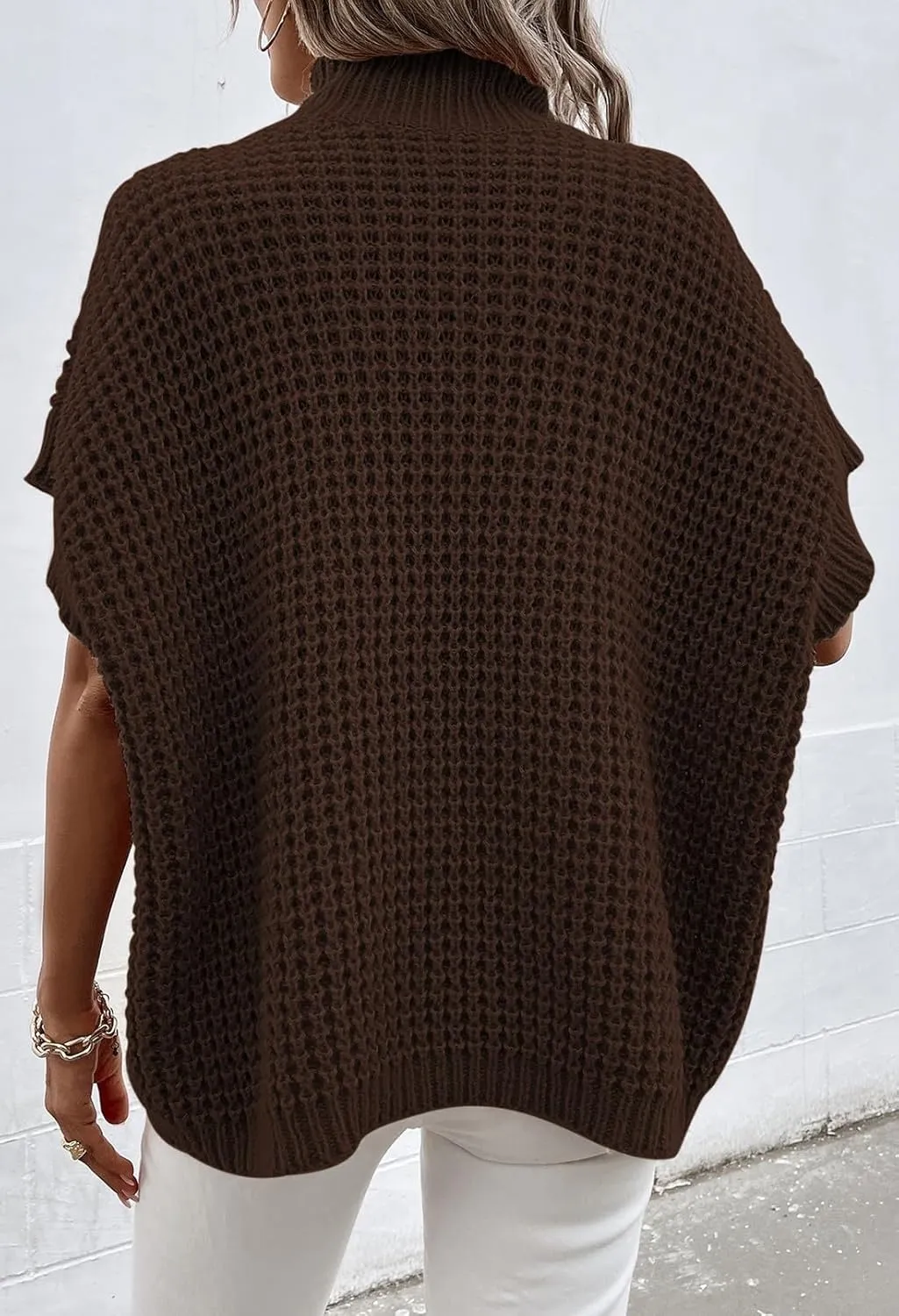 Viottiset Womens Oversized Short Batwing Sleeve Mock Neck Sweater Vest Fall Sleeveless Pullover Knit Sweaters