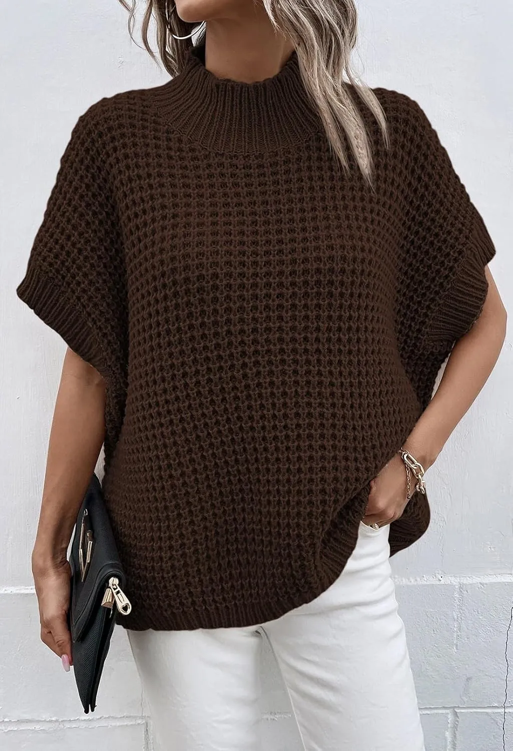 Viottiset Womens Oversized Short Batwing Sleeve Mock Neck Sweater Vest Fall Sleeveless Pullover Knit Sweaters