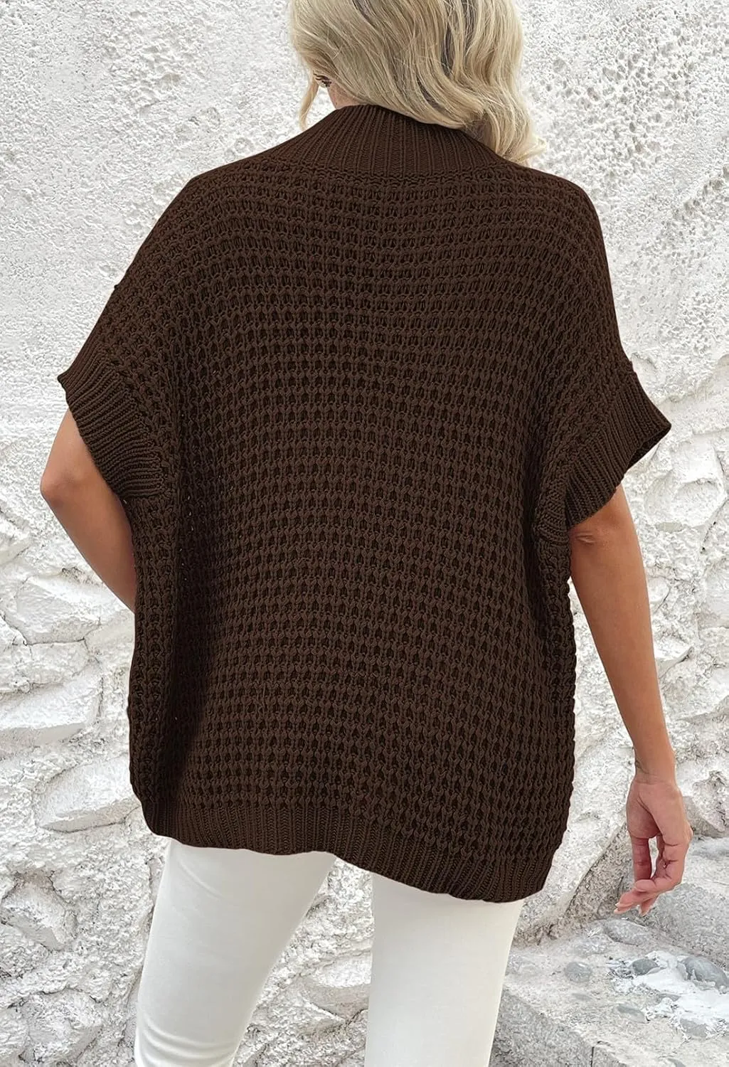 Viottiset Womens Oversized Short Batwing Sleeve Mock Neck Sweater Vest Fall Sleeveless Pullover Knit Sweaters