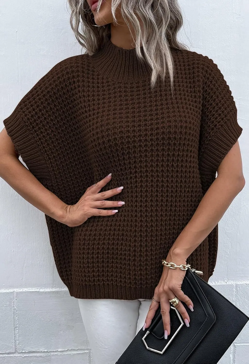 Viottiset Womens Oversized Short Batwing Sleeve Mock Neck Sweater Vest Fall Sleeveless Pullover Knit Sweaters