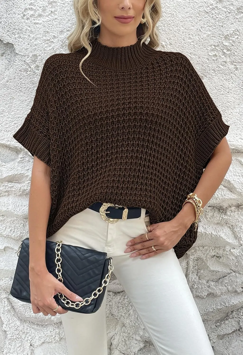 Viottiset Womens Oversized Short Batwing Sleeve Mock Neck Sweater Vest Fall Sleeveless Pullover Knit Sweaters