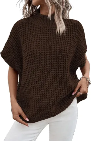 Viottiset Womens Oversized Short Batwing Sleeve Mock Neck Sweater Vest Fall Sleeveless Pullover Knit Sweaters