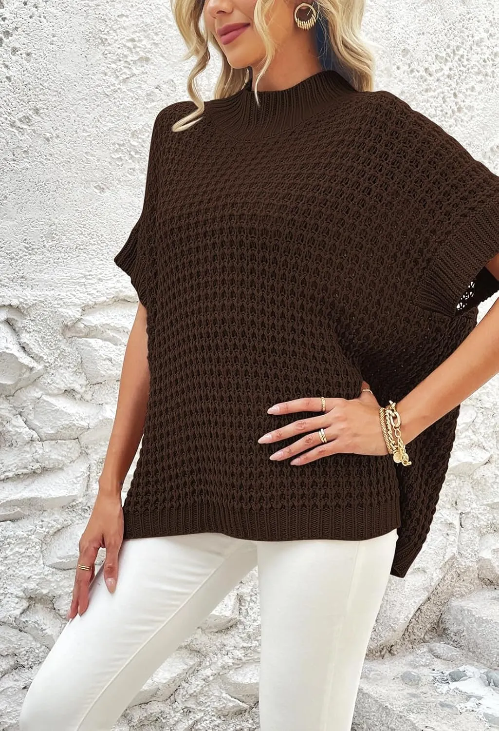 Viottiset Womens Oversized Short Batwing Sleeve Mock Neck Sweater Vest Fall Sleeveless Pullover Knit Sweaters
