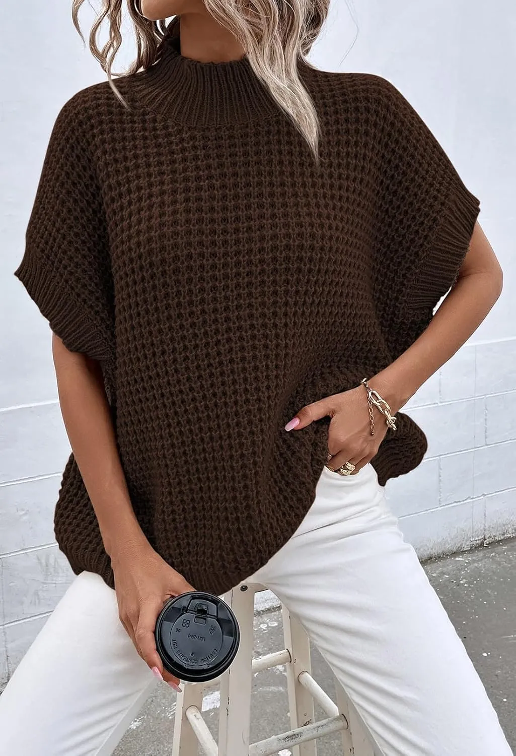 Viottiset Womens Oversized Short Batwing Sleeve Mock Neck Sweater Vest Fall Sleeveless Pullover Knit Sweaters