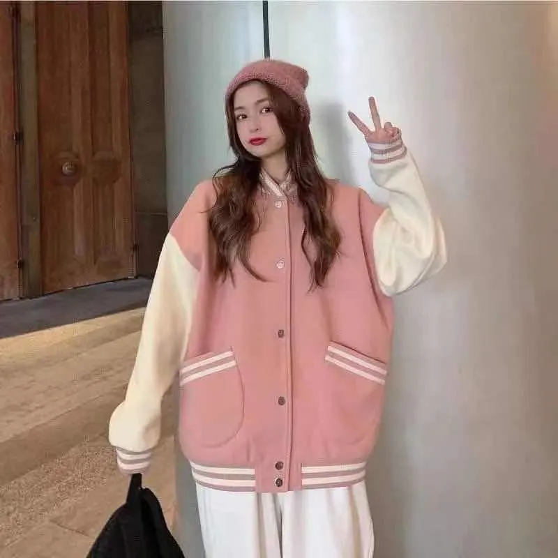 Wenkouban 2024 baseball Jacket Female Autumn And Winter Korean Of Loose Plus Velvet Thick Sweater Student Ins Baseball Uniform Tide