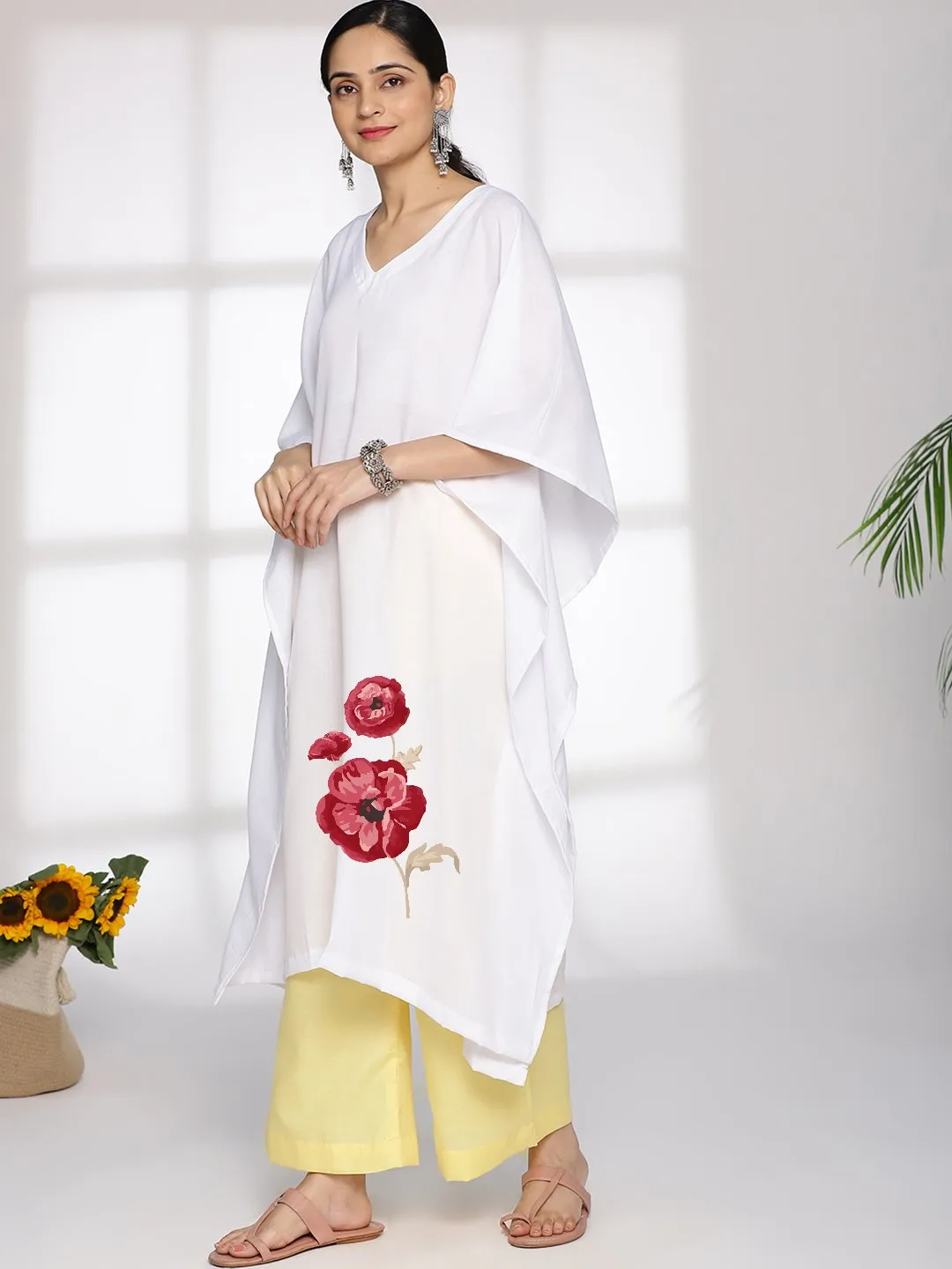 White CottonSlub LongKaftan - RubyBloom