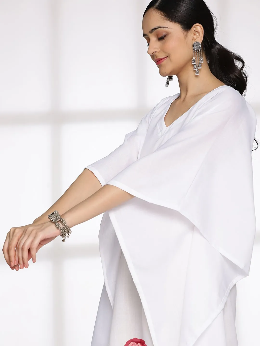 White CottonSlub LongKaftan - RubyBloom