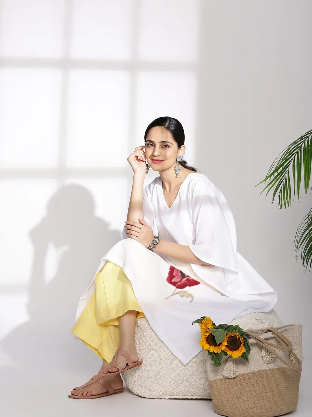 White CottonSlub LongKaftan - RubyBloom