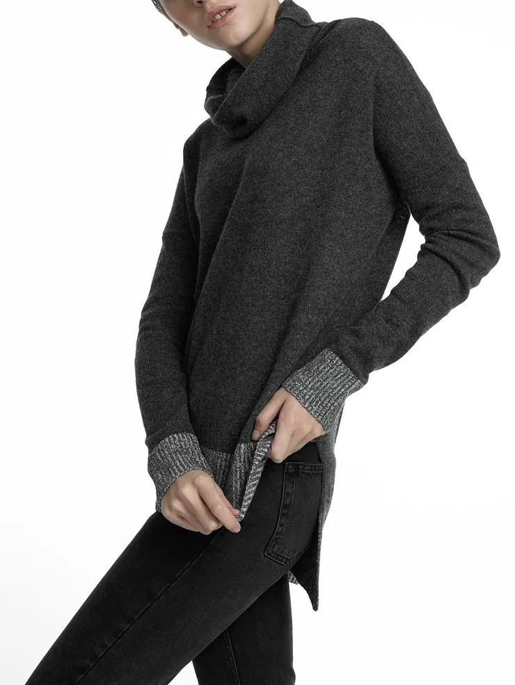 White   Warren - Cashmere Plaited Trim Funnelneck Charcoal/Glacier Grey