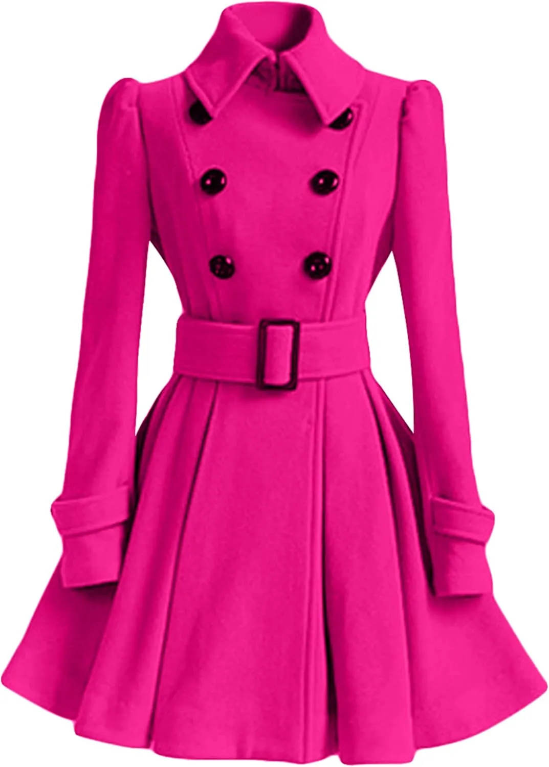 WIWIQS Women Winter Wool Blend Pea Coat Double Breasted Swing Jackets Pleated Mid-Long Outwear with Belt Buckle