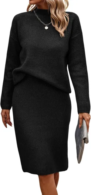 Women 2 Piece Knit Sweater Skirt Set Midi Sweater Dress Long Sleeve Pullover Bodycon Knitted Skirt Set Outfit