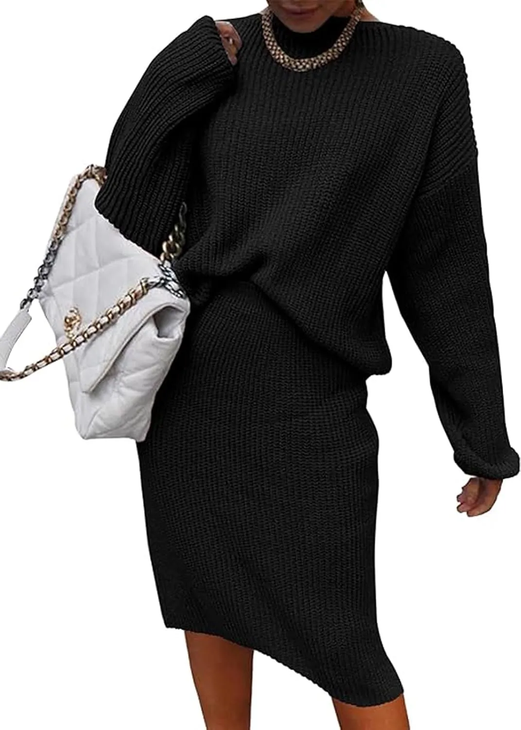 Women 2 Piece Knit Sweater Skirt Set Midi Sweater Dress Long Sleeve Pullover Bodycon Knitted Skirt Set Outfit