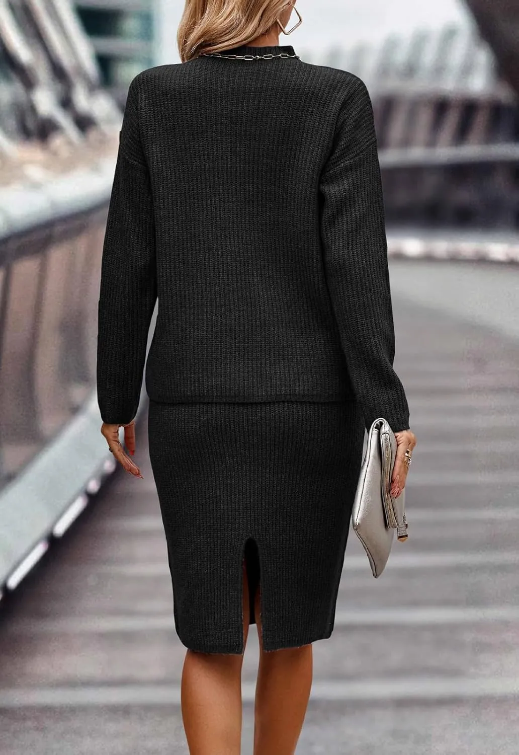 Women 2 Piece Knit Sweater Skirt Set Midi Sweater Dress Long Sleeve Pullover Bodycon Knitted Skirt Set Outfit