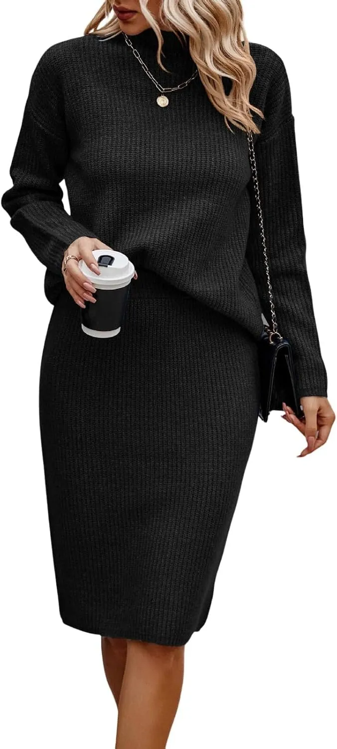 Women 2 Piece Knit Sweater Skirt Set Midi Sweater Dress Long Sleeve Pullover Bodycon Knitted Skirt Set Outfit