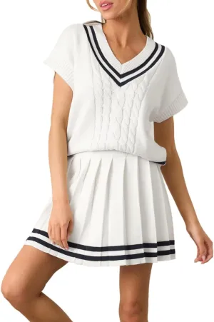 Women 2 Piece Sets Summer Cable Striped Knit Sweater Tops Pleated Mini Skirt Dress Two Piece Outfits
