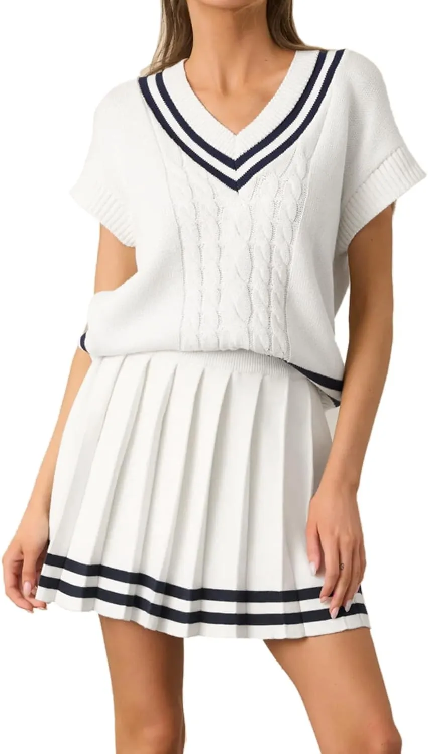 Women 2 Piece Sets Summer Cable Striped Knit Sweater Tops Pleated Mini Skirt Dress Two Piece Outfits