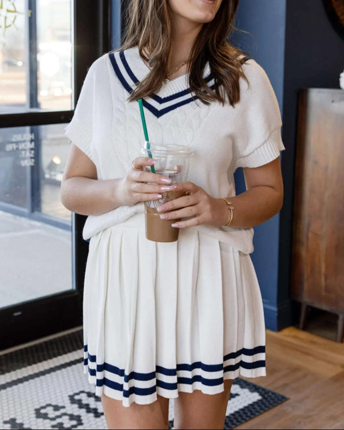 Women 2 Piece Sets Summer Cable Striped Knit Sweater Tops Pleated Mini Skirt Dress Two Piece Outfits