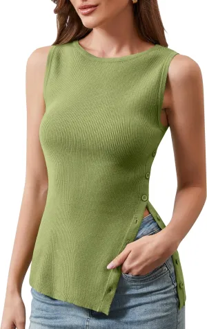 Women Asymmetrical Side Button Slit Hem Sweater Vest Sleeveless Ribbed Knit Tank Tops Boat Neck Summer Vest Tops 2025