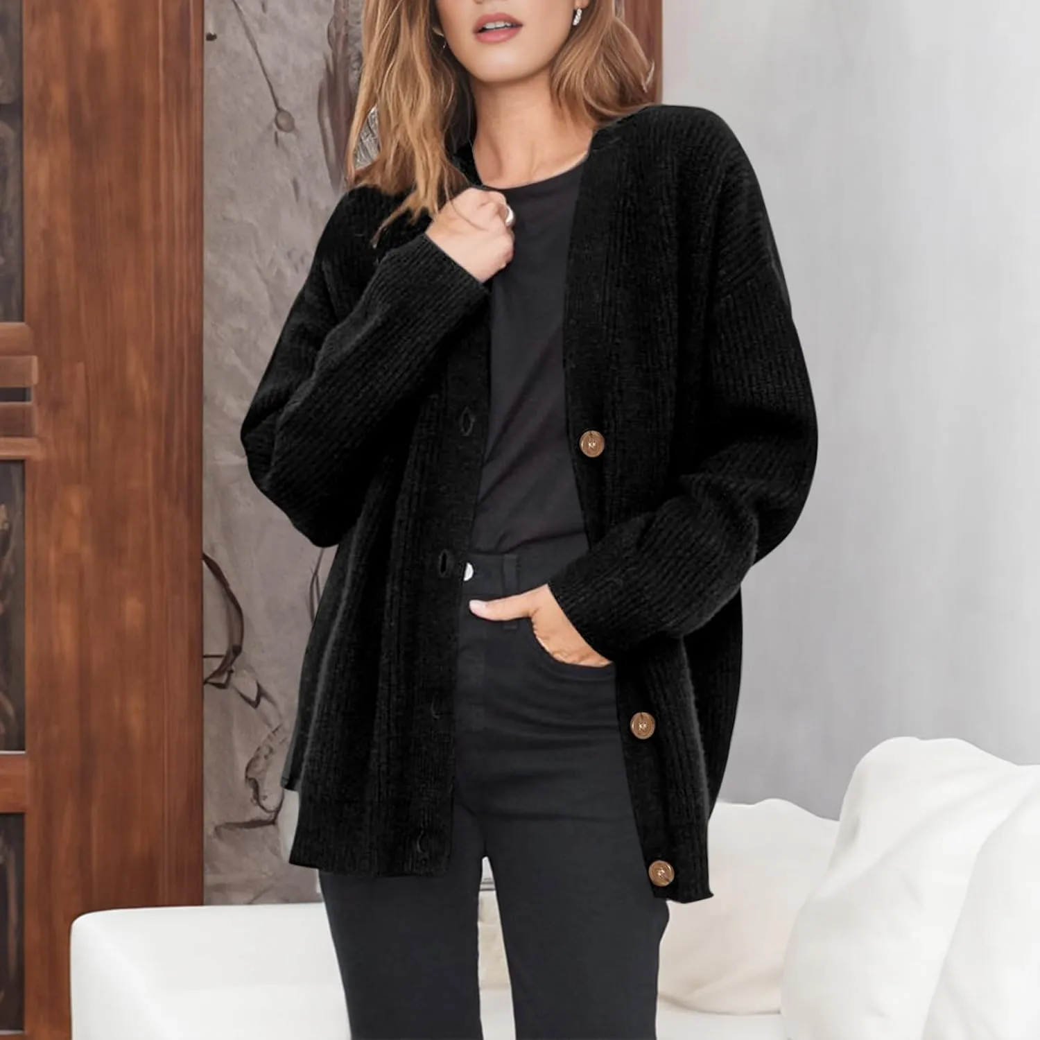 Women Cashmere Cocoon Cardigan Open Front Oversized Button Down Chunky Cardigan V Neck Cardigans Sweaters Knit Coat