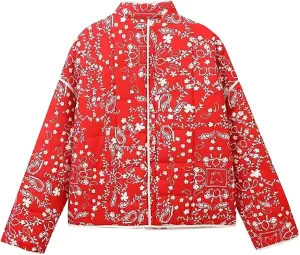 Women Floral Quilted Puffer Jacket Cropped Lightweight Patchwork Vintage Padded Short Coat Outerwear O Collar Jackets