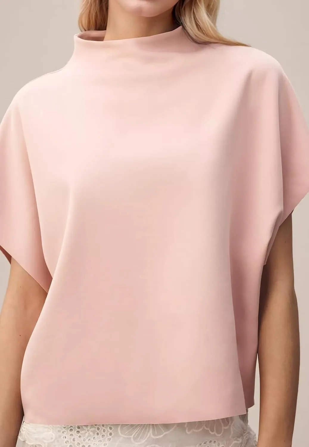 Women Mock Neck Batwing Short Sleeve Loose Tshirt Top Turtle Neck Batwing Sleeve Solid Oversized Tee Shirt Top