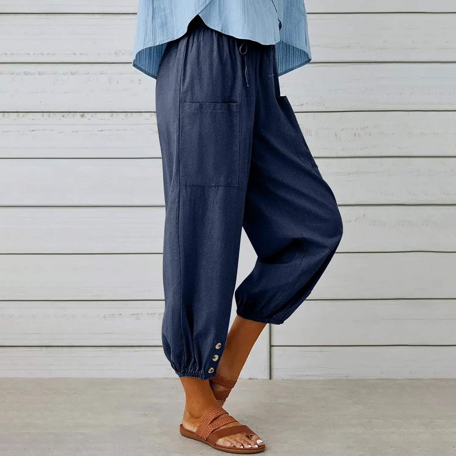 Women's Cropped Drawstring Waist Wide Leg Loose Cotton Linen Capri Pants for Women