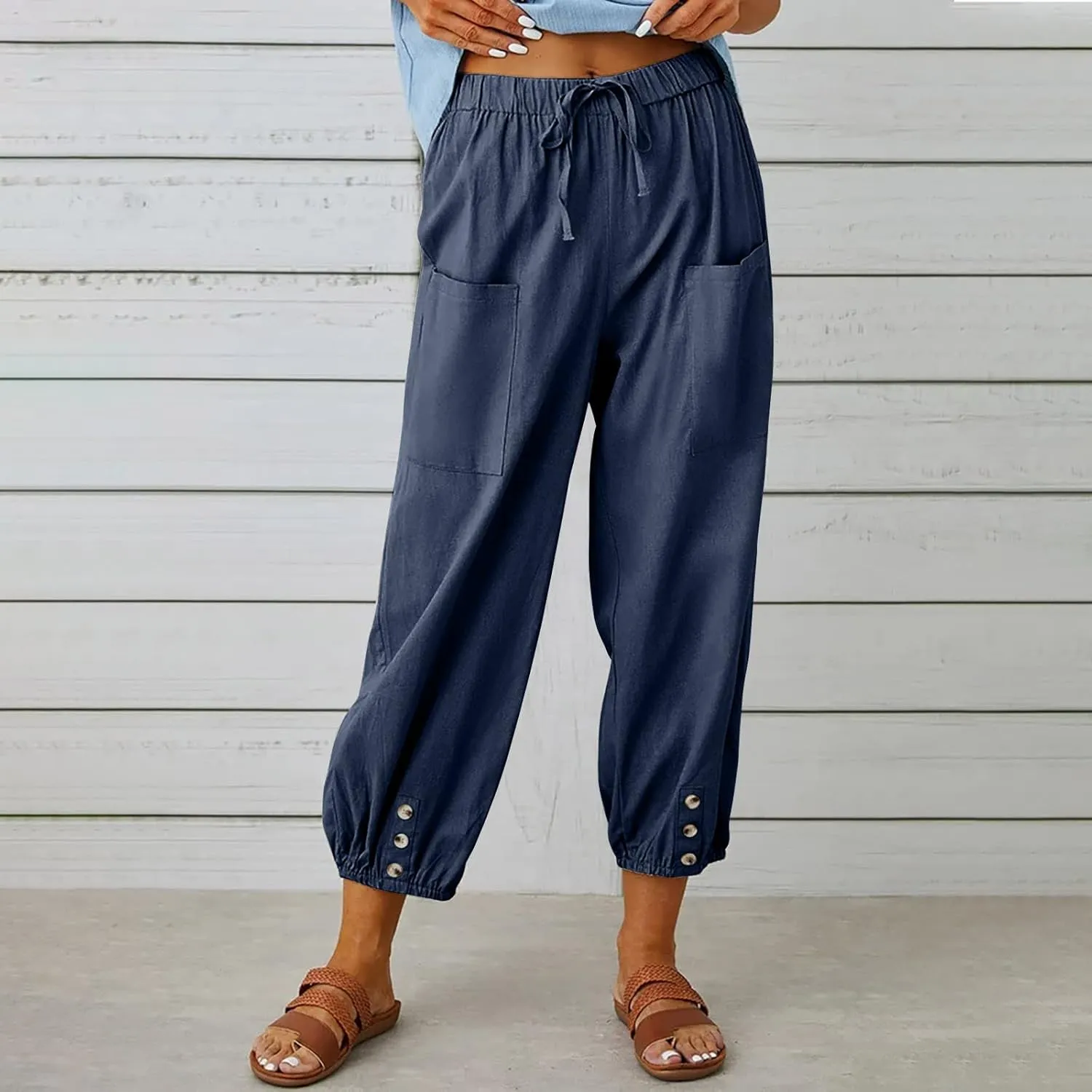 Women's Cropped Drawstring Waist Wide Leg Loose Cotton Linen Capri Pants for Women