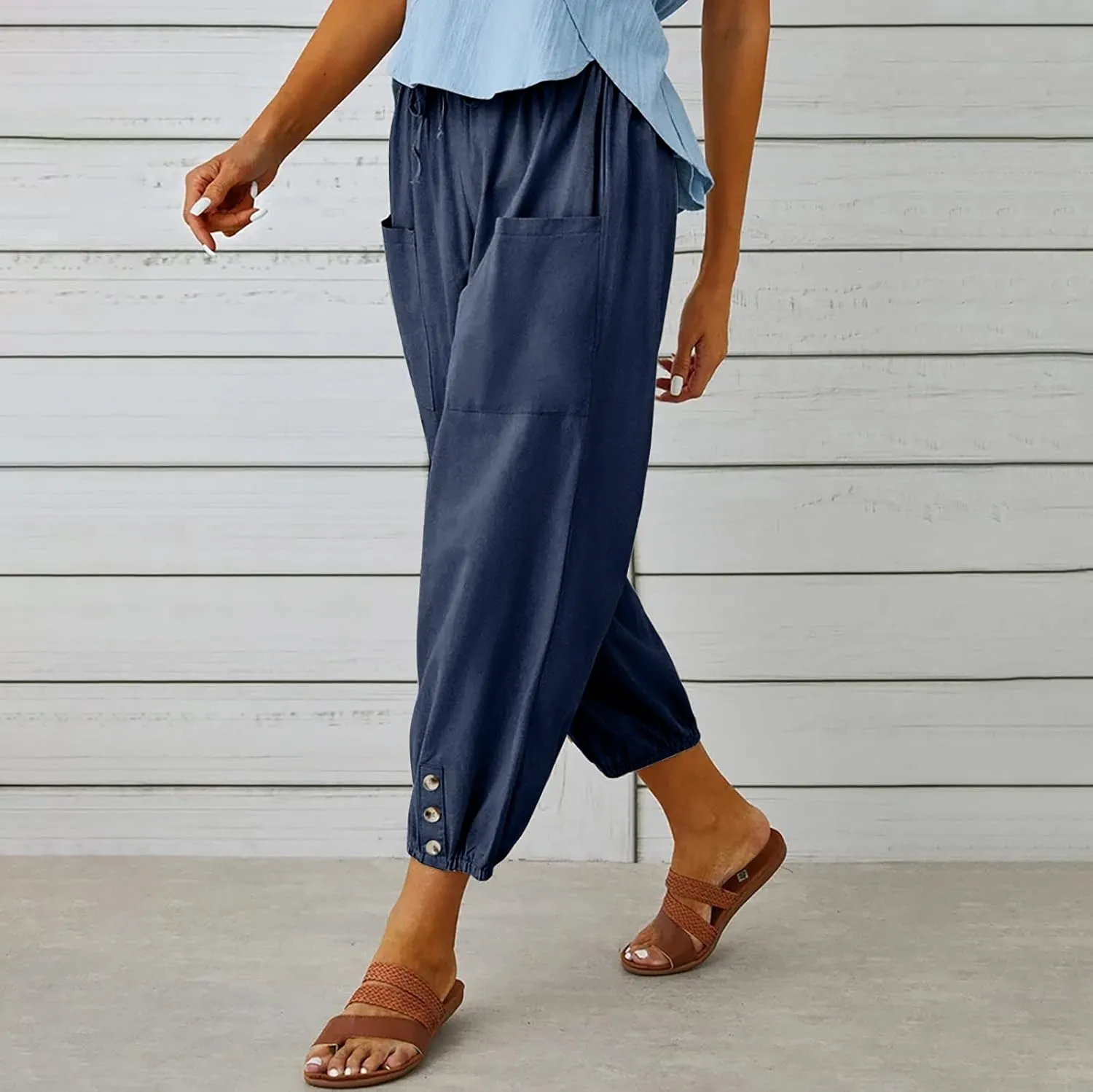 Women's Cropped Drawstring Waist Wide Leg Loose Cotton Linen Capri Pants for Women
